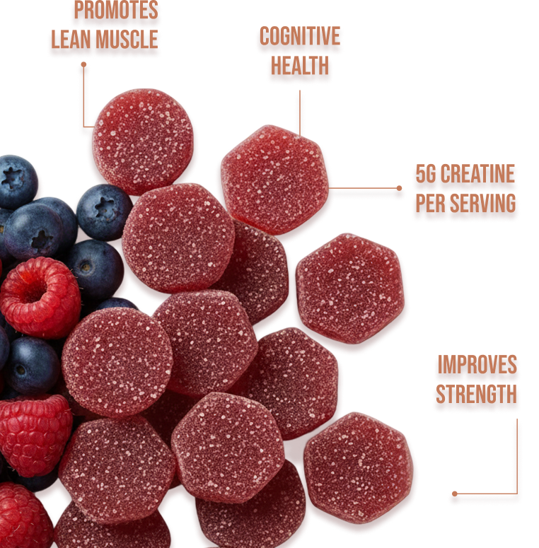 Red gummy supplement pills with blueberries and raspberries on a white background, labeled for health benefits.