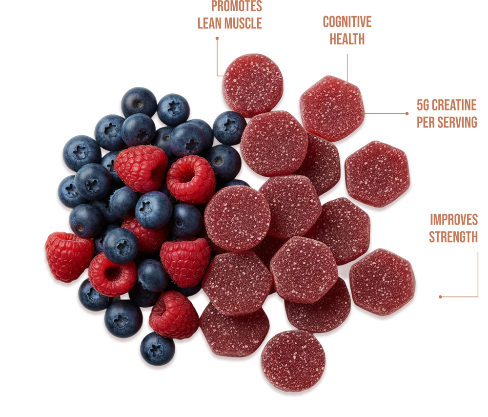 Red gummy bears with berries and health benefits text on a white background