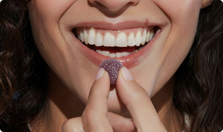 Close-up of a woman applying glittery lip gloss.